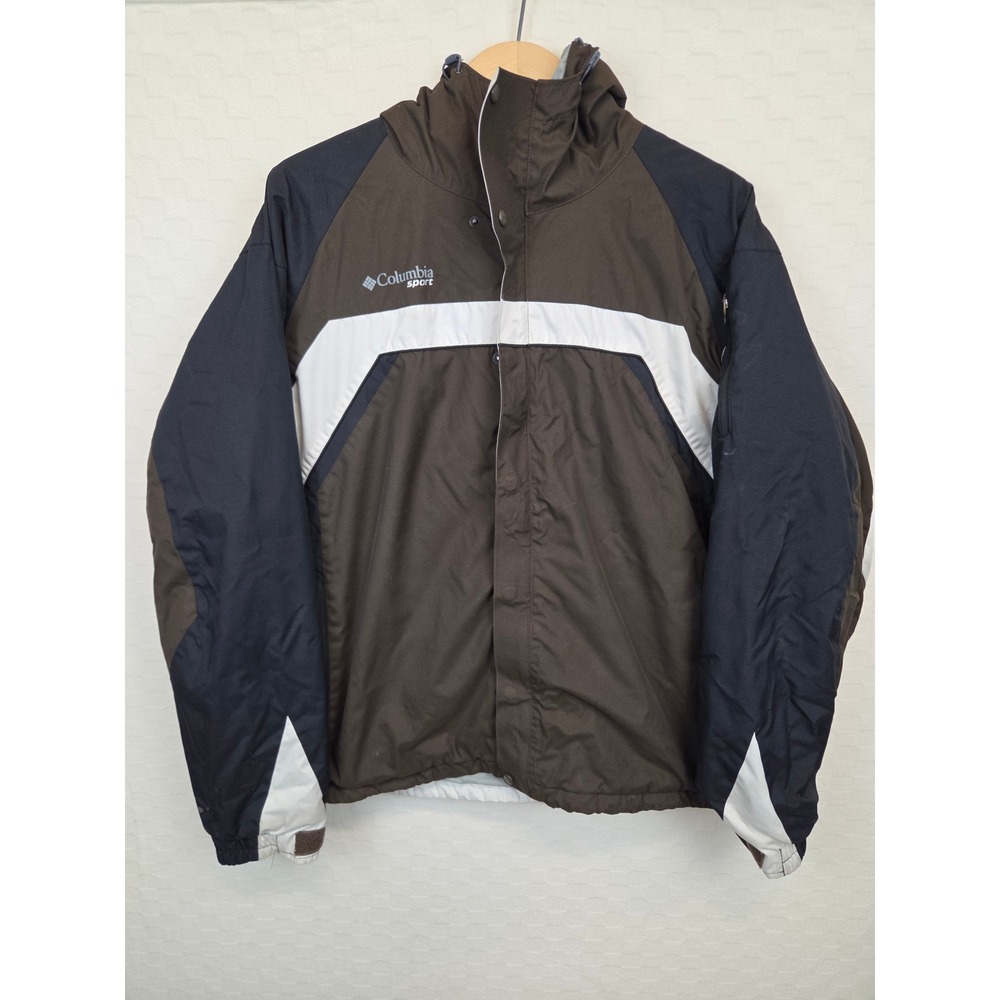 Columbia Sport Mens Sz M Hooded Jacket Brown Black Colorblock Fleece Lined